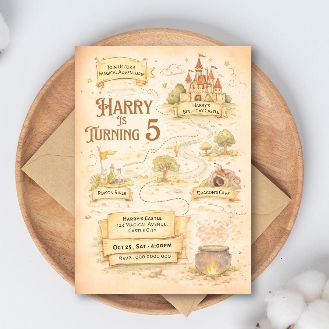Map Party Invite Wizard Birthday Invitation Template Canva | Magical Map Party Invite ...