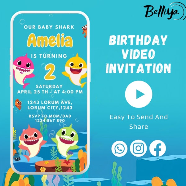 Baby Shark Birthday Video Invitation, Baby shark invitation, Baby Shark Theme invite, little Baby shark birthday invitation