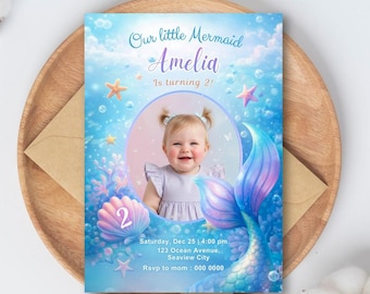 Editable Mermaid Birthday Invitation Canva | Photo Invite Template 5x7 | Under The Sea Party | Instant Download
