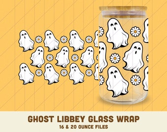 Flower Ghost Libbey Glass Svg, 16oz Glass Can Wrap, Boho Ghost Glass Can Svg, Fall Glass Cup Svg, 20oz Can Wrap, Halloween Can Glass Svg