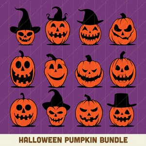 以下が含まれることがあります： さまざまな表情と帽子をかぶったハロウィンのカボチャのイラスト12点セット。カボチャはオレンジ色で、目は黒く、鼻と口も黒く描かれています。魔女の帽子をかぶっているカボチャもいれば、シルクハットをかぶっているカボチャもいます。