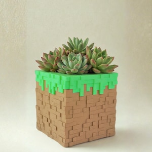 Könnte beinhalten: Ein quadratischer Pflanztopf mit pixeligem Design, das an einen Videospielblock erinnert. Die Oberseite ist hellgrün und ahmt Gras nach, die Seiten sind braun wie Erde. Er enthält mehrere grüne und rot gefärbte Sukkulenten.