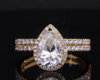 2.50 CT Pear Cut Moissanite Wedding Ring Set, Halo Wedding Ring, Teardrop Bridal Ring Set, Art Deco Anniversary Ring, Pear Halo Promise Ring