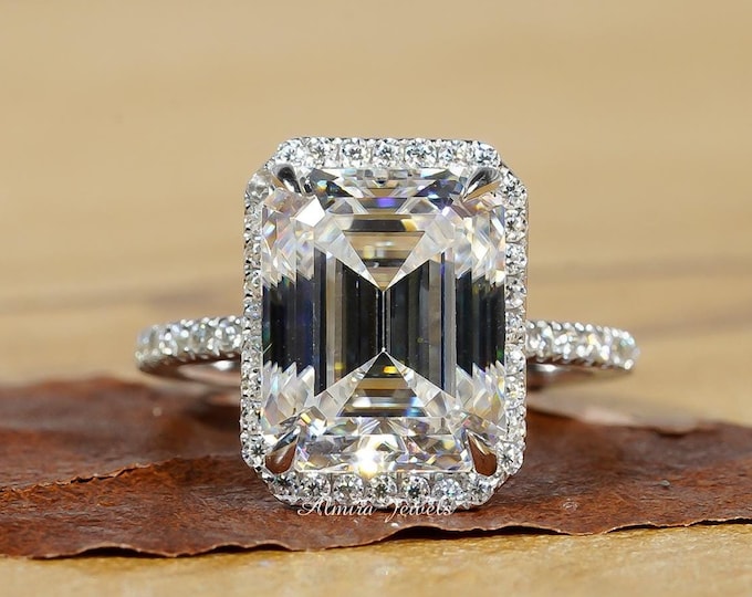 Featured listing image: 3.50 CT Emerald Cut Moissanite Engagement Ring, Emerald Diamond Halo Wedding Ring, Unique Bridal Promise Ring, Classic Birthday Gift For Her