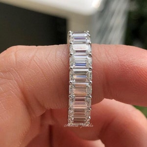Emerald Cut Moissanite Wedding Band, Shared Prong Full Eternity Gold Anniversary Gift, Unique Stackable Promise Band For Women, Gift For Her