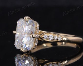 Radiant Cut 4 CT Moissanite Engagement Ring, Hidden Halo Moissanite Wedding Ring, Promise Ring, Vintage Unique Art Deco Anniversary Ring