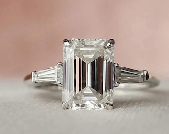 Emerald Cut Three Stone Ring, 3.050 CT Emerald Cut Moissanite Engagement Ring, Side Tapered Baguette Cut, Proposal Anniversary Gift For Her