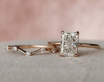 2 CT Radiant Cut Moissanite Ring Set, Hidden Halo Bridal Ring Set, Unique Curved Wedding Band With Solitaire Engagement Ring, Gift For Her