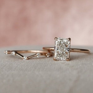 2 CT Radiant Cut Moissanite Ring Set, Hidden Halo Bridal Ring Set, Unique Curved Wedding Band With Solitaire Engagement Ring, Gift For Her image 1