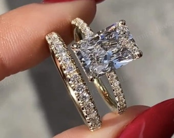 Conjunto de anillos de boda Moissanite de corte radiante de 3 CT, conjunto único de anillos nupciales de halo oculto, anillo nupcial con banda única, regalo de conjunto de anillos pavimentados para ella