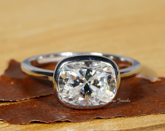 Featured listing image: Elongated Cushion Cut 2.50 CT Moissanite Engagement Ring, East To West Diamond Wedding Ring, Full Bezel Set Anniversary Ring, Solitaire Ring