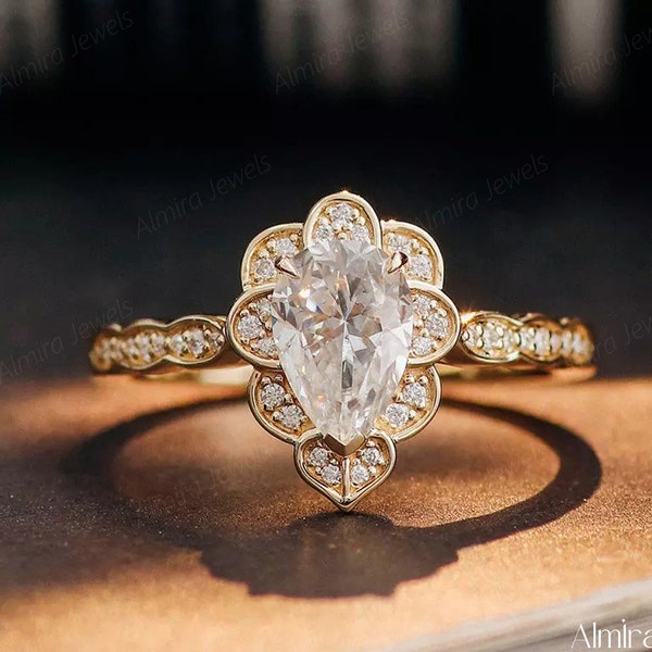 1.50 CT Pear Cut Moissanite Engagement Ring, Unique Halo Wedding Ring, Vintage Art Deco Anniversary Ring, Designer Ring, Pave Set Gift Ring