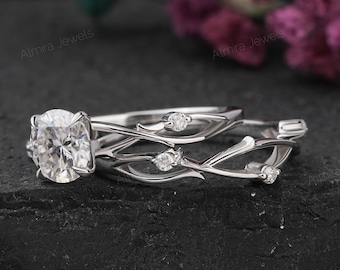 1.20 CT Round Cut Moissanite Engagement Ring Set, Dainty Twig Wedding Ring Set, Branch Bridal Set, Solitaire Anniversary Gift Ring For Wife