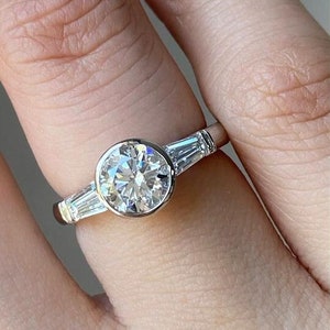 1.90 CT Round Cut Moissanite Engagement Ring, Three Stone Bezel Set Wedding Ring, Side Tapered Baguette Moissanite Anniversary Ring For Her