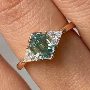 Hexagon Cut 2.30 CT Green Moissanite Engagement Ring, Three Stone Reverse Tapered Blue Green Moissanite Wedding Ring, Gorgeous Ring For Her