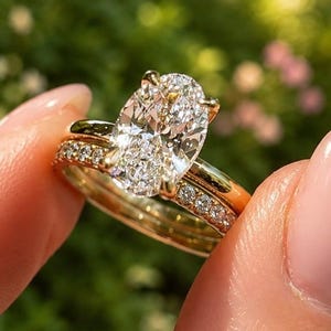 Oval diamantbrudset, IGI-certifierad 3 karat ovalslipad diamant med solitaire, förlovningsring med labbodlad diamant, matchande vigselring med halv evighet