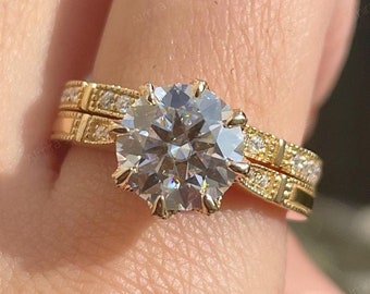 3.10 CT Round Cut Moissanite Bridal Ring Set, Art Deco Wedding Ring Set, Designer Anniversary Ring, Vintage Art Deco Ring With Matching Band