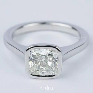 1.5 CT Cushion Cut Moissanite Solitaire Engagement Ring, Bezel Set Diamond Solitaire Wedding Ring For Women, Solid Gold Anniversary Ring