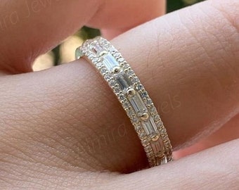 Round And Baguette Cut Moissanite Wedding Band, Baguette Cut Half Eternity   Pave Stackable Bridal Band, Wedding Band Ring, Gift For Women
