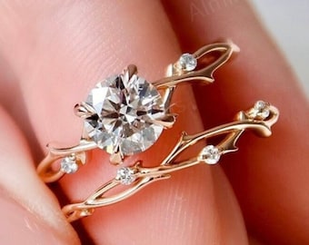 Dainty Twig Round Cut 1.20 CT Moissanite Engagement Ring Set, Nature Inspired Moissanite Bridal Ring Set, Branch Wedding Ring Set For Her