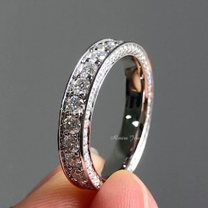 Round Cut Moissanite Wedding Band, Channel Set Three Side Pave Anniversary Band, Triple Row Full Eternity Stackable Band Unique Band For Her