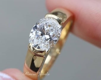 East-West Oval Cut Moissanite Engagement ring of Half Bezel Set , 2 CT Oval Cut Engagement Ring, Solitaire Wedding Ring, Gift For Her