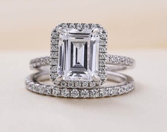 2.50 CT Emerald Cut Moissanite Wedding Ring Set, Unique Halo Bridal Ring Set, Matching Half Eternity Band Anniversary Ring Set, Gift For Her