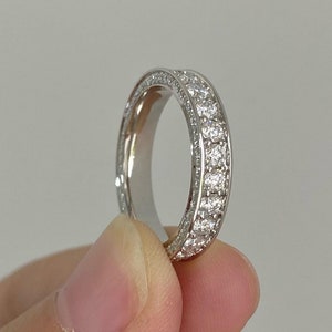 Round Cut Moissanite Wedding Band, Channel Set Three Side Pave Anniversary Band, Triple Row Full Eternity Stackable Band Unique Band For Her