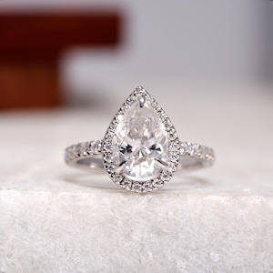 3 CT Moissanite Halo Engagement Ring, Pear Cut Moissanite Diamond Wedding Ring, Solid Gold Promise Ring For Her, Anniversary Gift Ring
