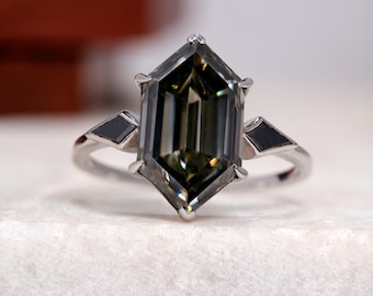Grey Dutch Marquise 5 CT Moissanite Engagement Ring, Three Stone Wedding Ring, Side Kite Cut Moissanite Solitaire Ring To Gift Girlfriend