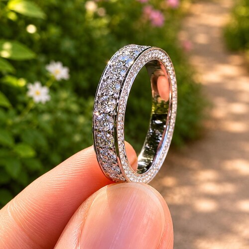 Rondgeslepen moissanite trouwring, ring met drie rijen pavézetting, stapelbare ring met volledige eeuwigheidsbezetting, trouwring voor verlovingsring