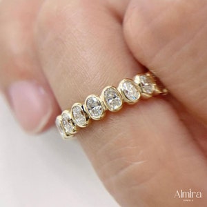 Bezel Set Oval Cut Moissanite Wedding Band, Full Eternity Stacking Band, Minimalist Anniversary Band, Unique Gold Jewelry For Girlfriend