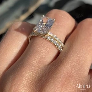 3 CT Radiant Cut Moissanite Wedding Ring Set, Unique Hidden Halo Bridal Ring Set, Bridal Ring With Single Band, Pave Ring Set Gift For Her image 4