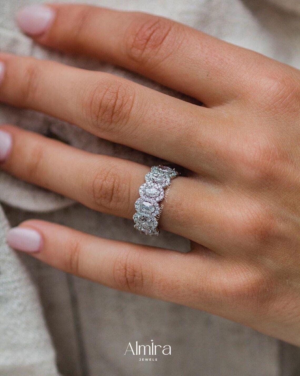 Oval Cut Moissanite Wedding Band, Classic Diamond Halo Anniversary Band, Unique Stackable Half Eternity Promise Gift Band, Gift For Women
