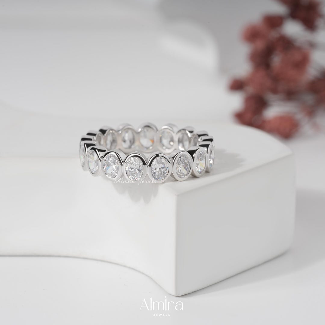 Bezel Set Oval Cut Moissanite Wedding Band, Full Eternity Stacking Band ...
