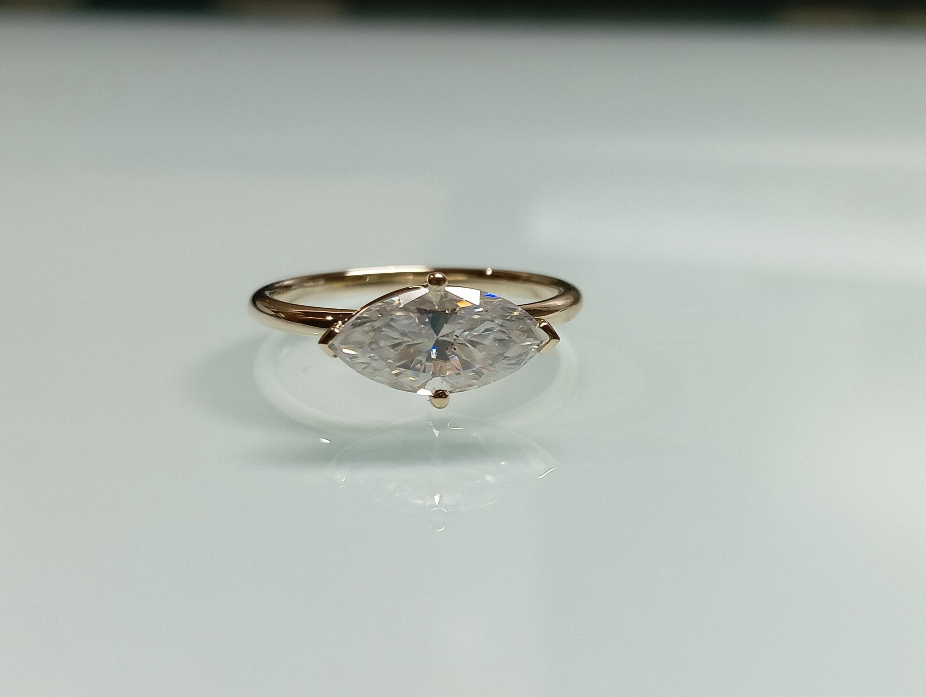East west Marquise Cut Moissanite Engagement Ring, 1.50 CT Marquise Cut Horizontal Stone Wedding Ring, Solitaire One Diamond Ring For Her