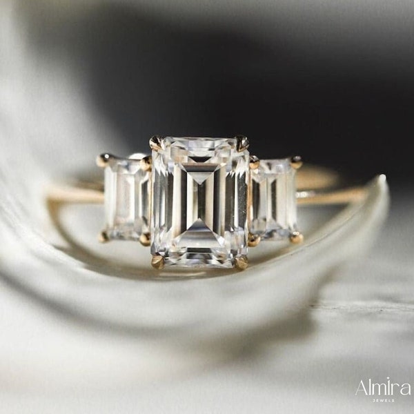 Emerald Cut Three Stone Engagement Ring, 2.30 CT Emerald Cut Moissanite Ring, Three Diamond Anniversary Ring, Unique Handmade Gift For Her