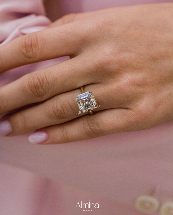 Carat Asscher Cut Lab Grown Diamond Engagement Ring Full Bezel