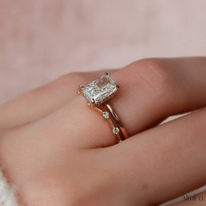 2 CT Radiant Cut Moissanite Ring Set, Hidden Halo Bridal Ring Set, Unique Curved Wedding Band With Solitaire Engagement Ring, Gift For Her image 4