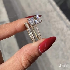 3 CT Radiant Cut Moissanite Wedding Ring Set, Unique Hidden Halo Bridal Ring Set, Bridal Ring With Single Band, Pave Ring Set Gift For Her image 2