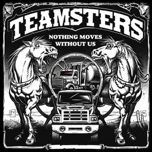 May include: Black and white graphic featuring two rearing horses flanking a truck and a tanker truck. The word "TEAMSTERS" is at the top, with "NOTHING MOVES WITHOUT US" below.