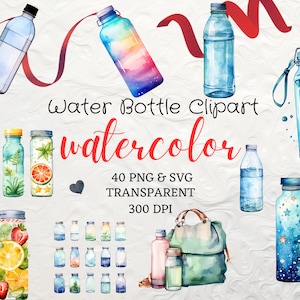 Bouteille d'eau aquarelle Clipart 40 PNG bouteille d'eau boisson Clipart Téléchargement instantané PNG bouteille d'eau colorée utilisation commerciale hydratation