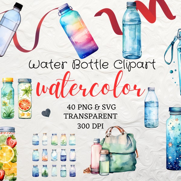 Watercolor Water Bottle Clipart 40 PNG Bottle of Water Drink Clipart Instant Download PNG Colorful Water Bottle Commercial Use Hydration