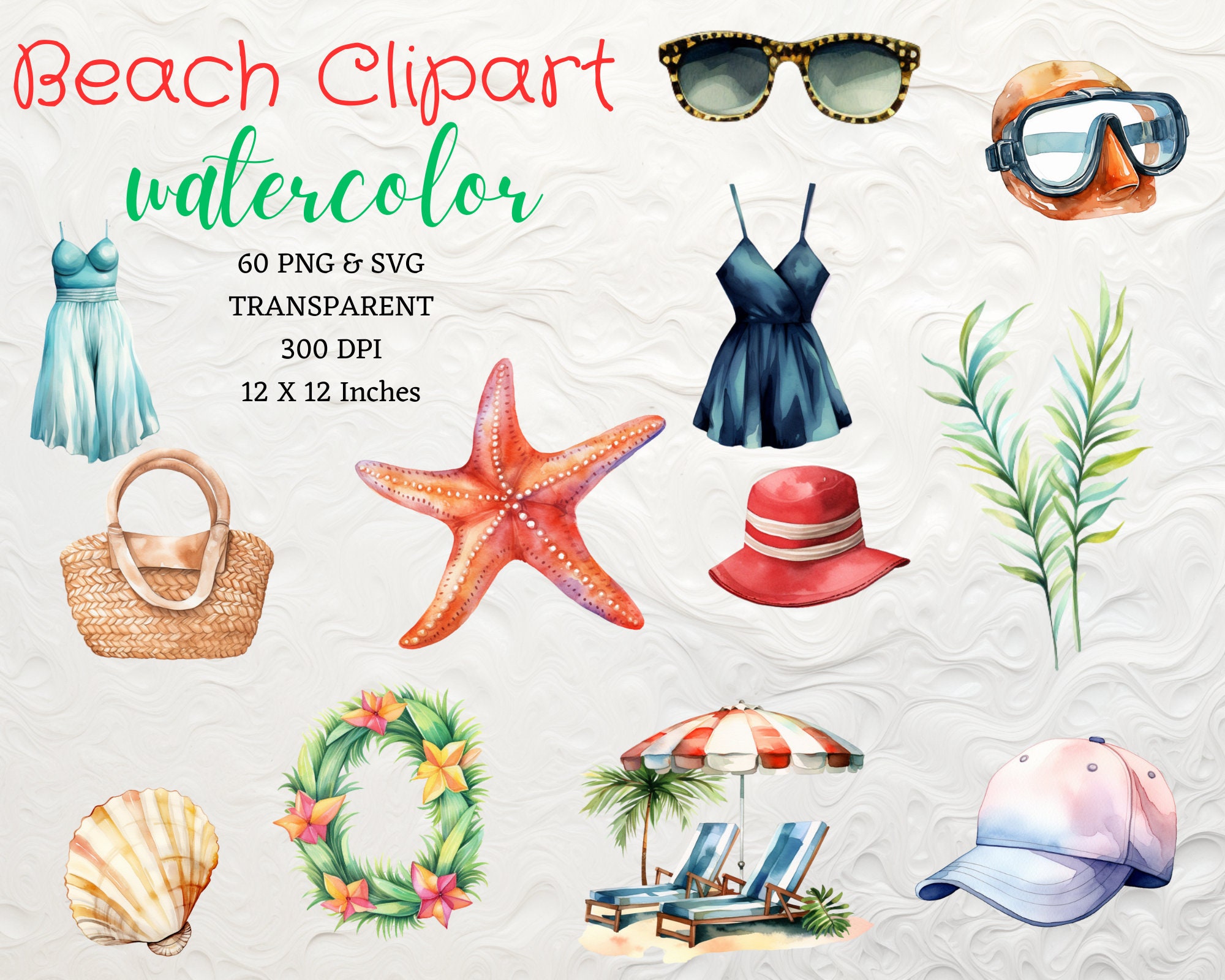 Watercolor Beach Clipart 60 Beach PNG Cocktail SVG Summer - Etsy