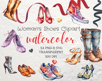Könnte beinhalten: Aquarell-Illustration verschiedener Damenschuhe, darunter Stiefel, Sneaker, Sandalen und Ballerinas. Die Schuhe sind in verschiedenen Farben bemalt, darunter Rot, Blau, Grün und Braun. Die Illustration ist mit "Woman's Shoes Clipart watercolor 54 PNG & SVG TRANSPARENT 300 DPI" beschriftet.