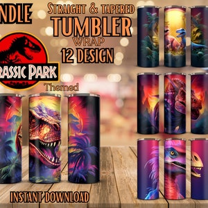 BUNDLE Jurassic Park Themed 20 oz Skinny Tumbler Sublimation Design Straight & Tapered Tumbler Wrap Tumbler Sublimate 12 Design Dinosaur PNG