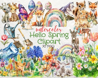 Watercolor Spring Clipart 70 Creative PNG Instant Download Commercial Use Watercolor Clipart  Spring Flowers Easter Eggs Bunny Rainbow PNG