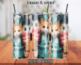Colorful Cats 20 oz Skinny Tumbler Sublimation Design, Straight & Tapered Tumbler Wrap PNG, Seamless Cat Tumbler Sublimate Designs Download