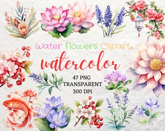 Watercolor Flower Clipart 47 PNG Water Flower Colorful Floral Clipart Instant Download Floral PNG Water Lily Clipart Lotus Flower Clipart