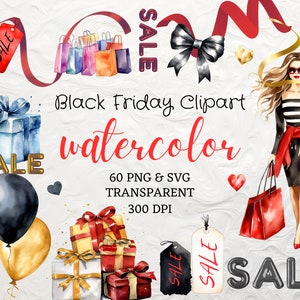 Aquarel Black Friday Clipart Verkoop Tag Geschenken Clipart 60 PNG SVG Aquarel Ballonnen Clipart Black Friday Decor Clipart Winkelen Clipart